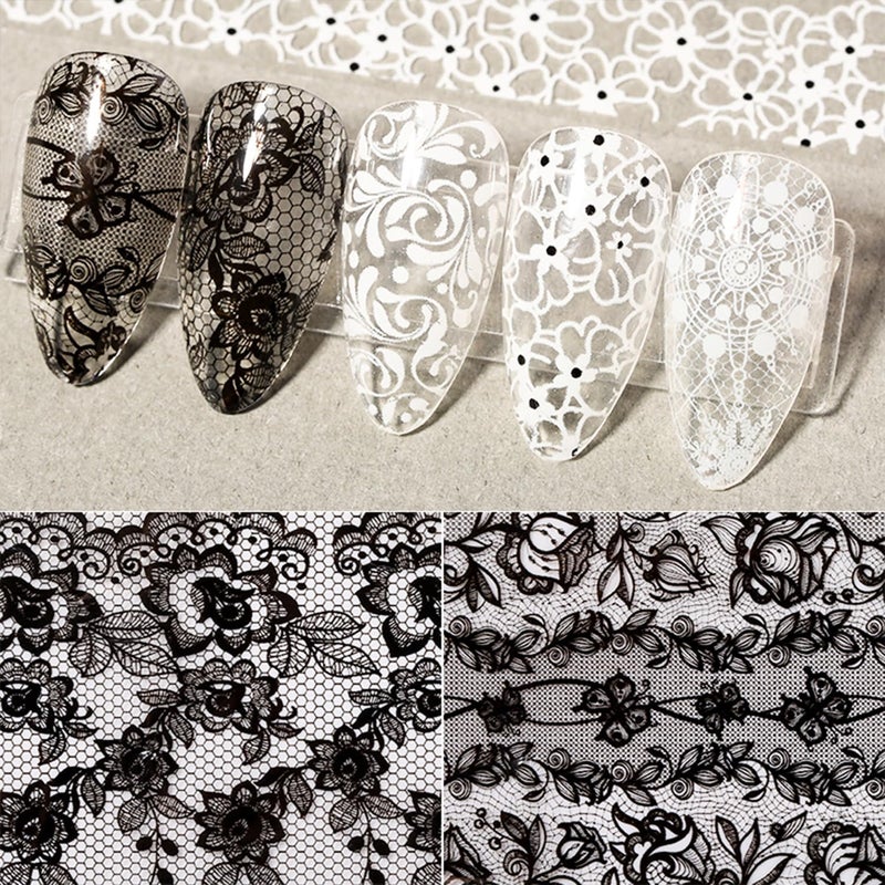 SILPECWEE 20 Rolls Lace Nail Foil White and Black Nail Transfer Foil Flower Nail Art Foils Decals Holographic Foils for Nails Manicure Stickers for DIY Acrylic Nails Decoration - Image 5